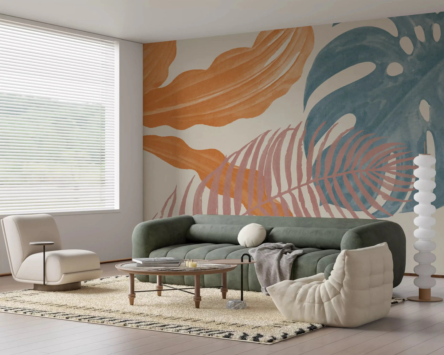 Blue monstera shapes frame Tropical Leaves Muted wall mural with warm accents