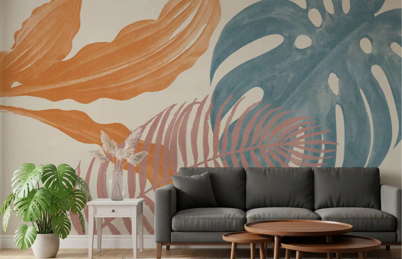 Dusty blue leaves style Tropical Leaves Muted wall mural in a living room