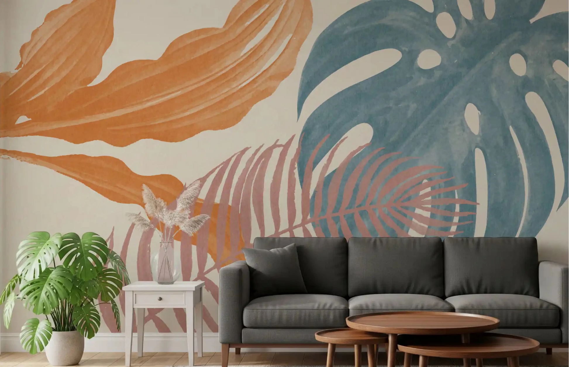Dusty blue leaves style Tropical Leaves Muted wall mural in a living room