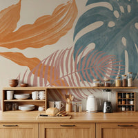 Muted leaf layers highlight Tropical Leaves Muted wall mural on a light base