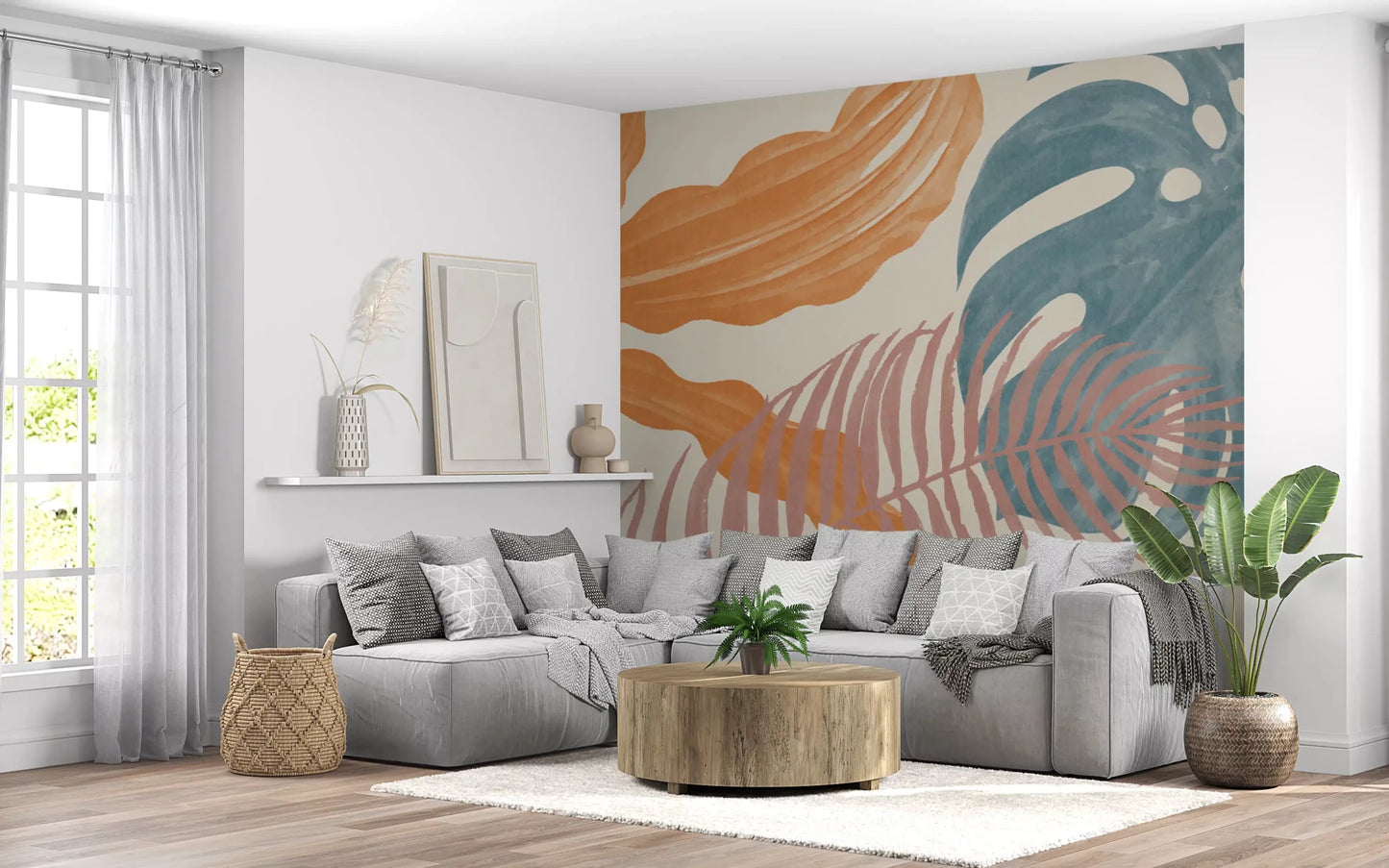 Airy foliage forms give Tropical Leaves Muted wall mural a relaxed modern look