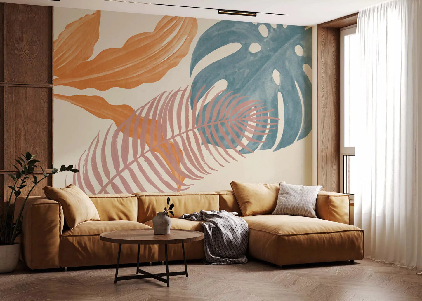 Calm botanical tones bring Tropical Leaves Muted wall mural into an living room
