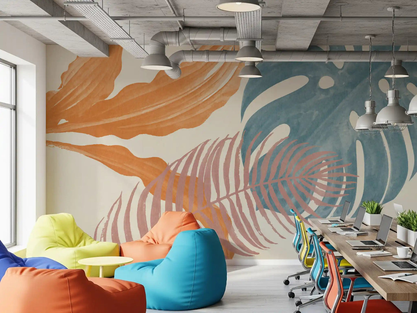 Warm peach foliage shapes Tropical Leaves Muted wall mural in a office