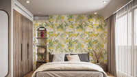 Exotic Aviary wallpaper mural with vibrant cockatoo illustrations.
