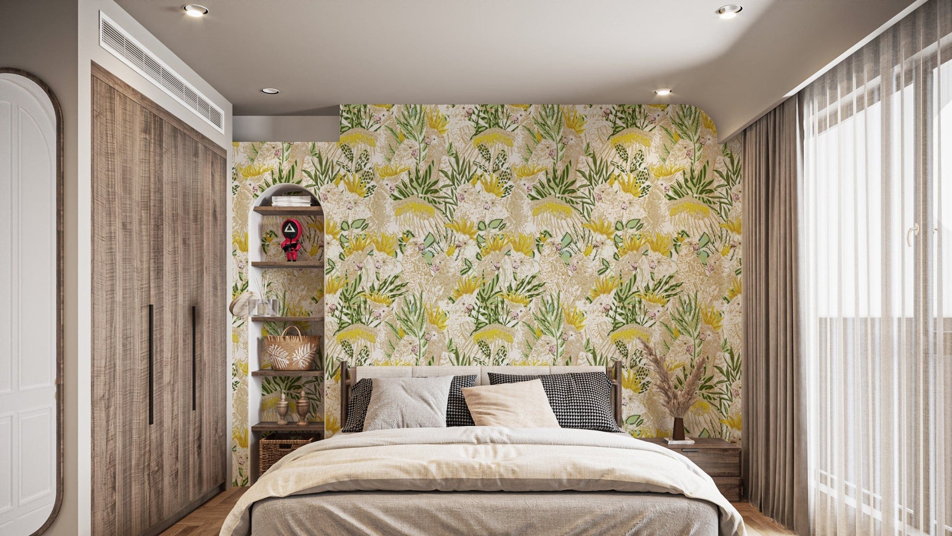 Exotic Aviary wallpaper mural with vibrant cockatoo illustrations.
