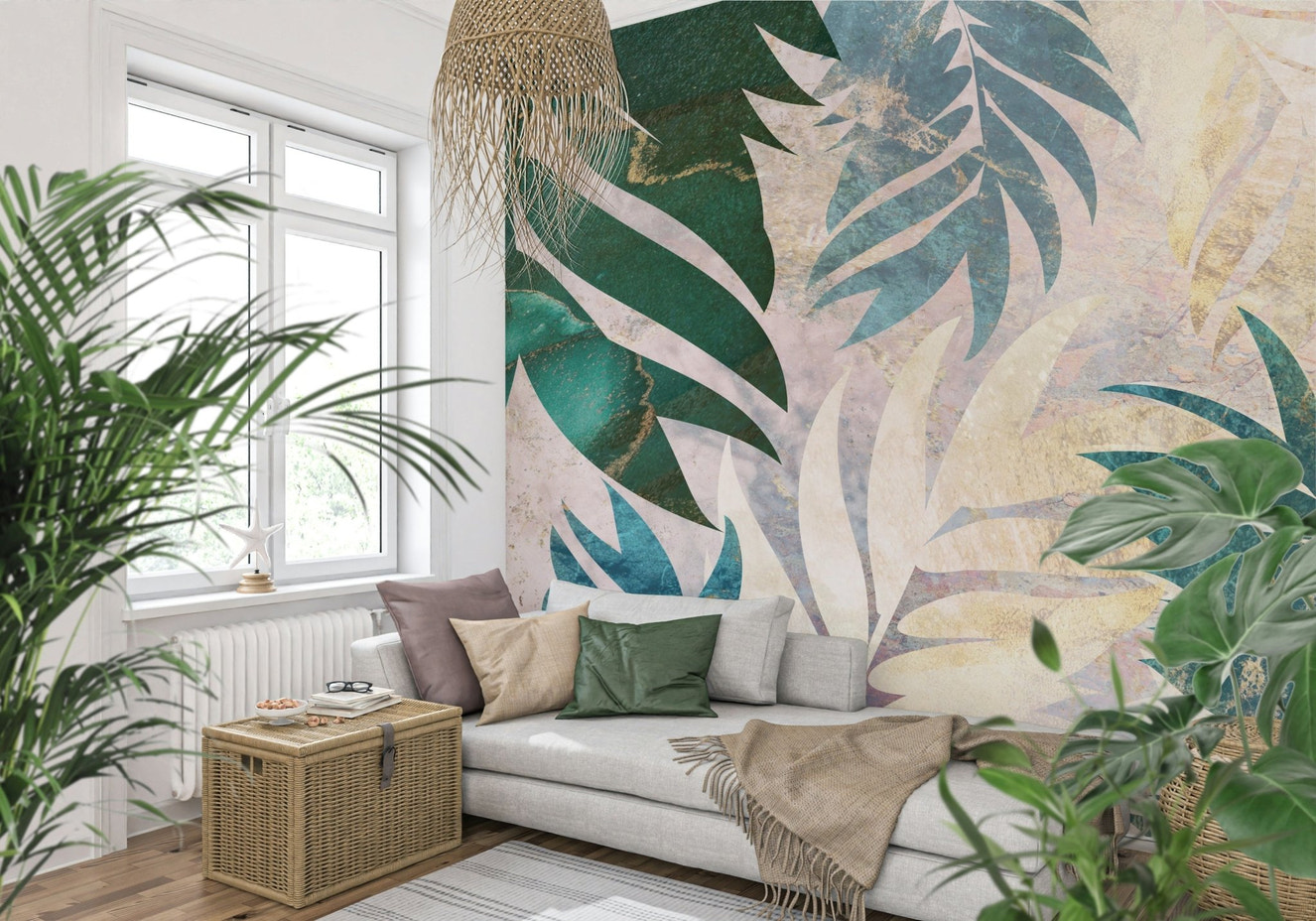 A beautiful lush tropical wallpaper mural with golden accents.