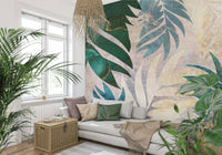 A beautiful lush tropical wallpaper mural with golden accents.