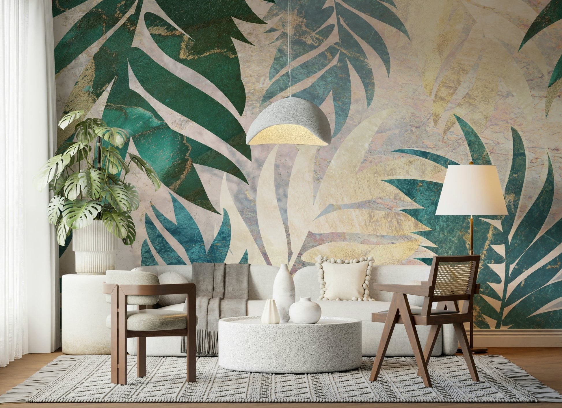 A contemplative tropical foliage wallpaper mural for a feature wall.