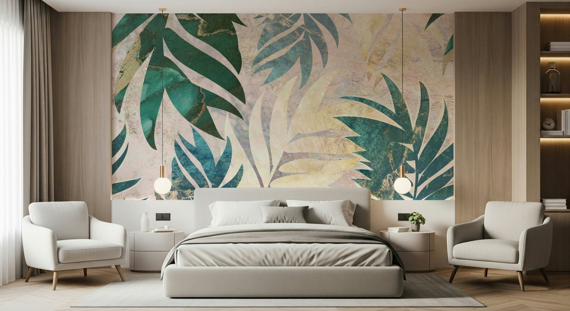 A calming foliage design wallpaper mural that defines a space.
