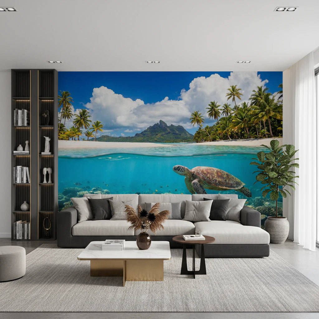 Marine life wall mural with turquoise water and palms.