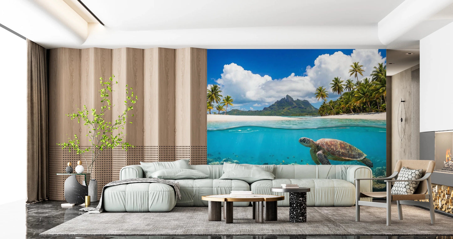 Sea turtle and coral reef wall mural for a living room.