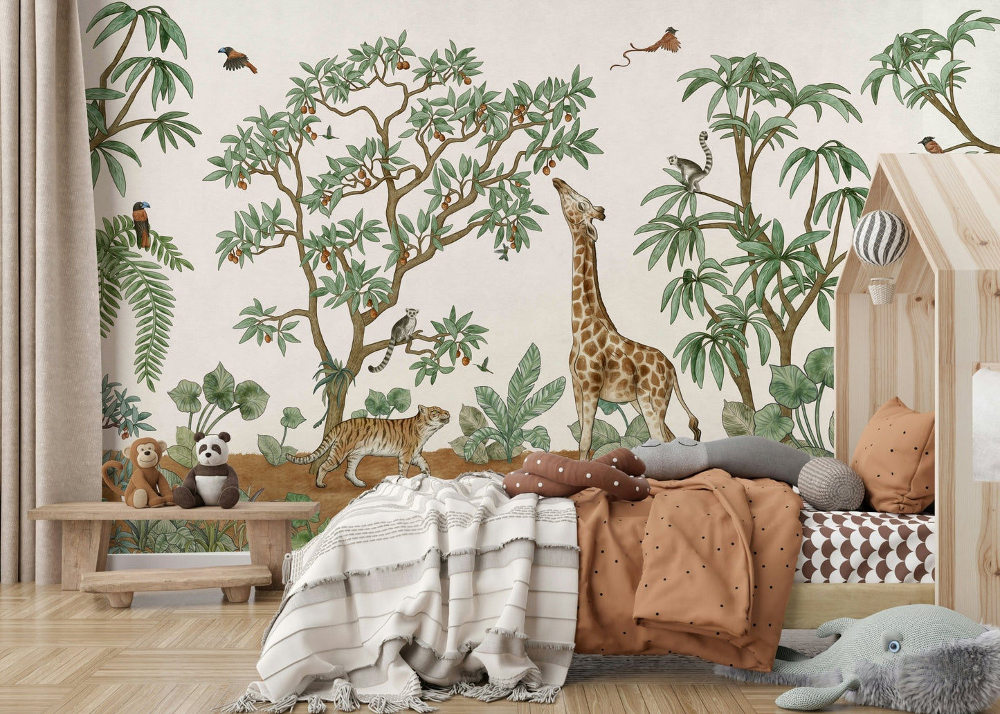 A beautiful tropical menagerie wallpaper mural with exotic animals., GD5110