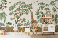 A calming jungle design wallpaper mural that defines a space.

