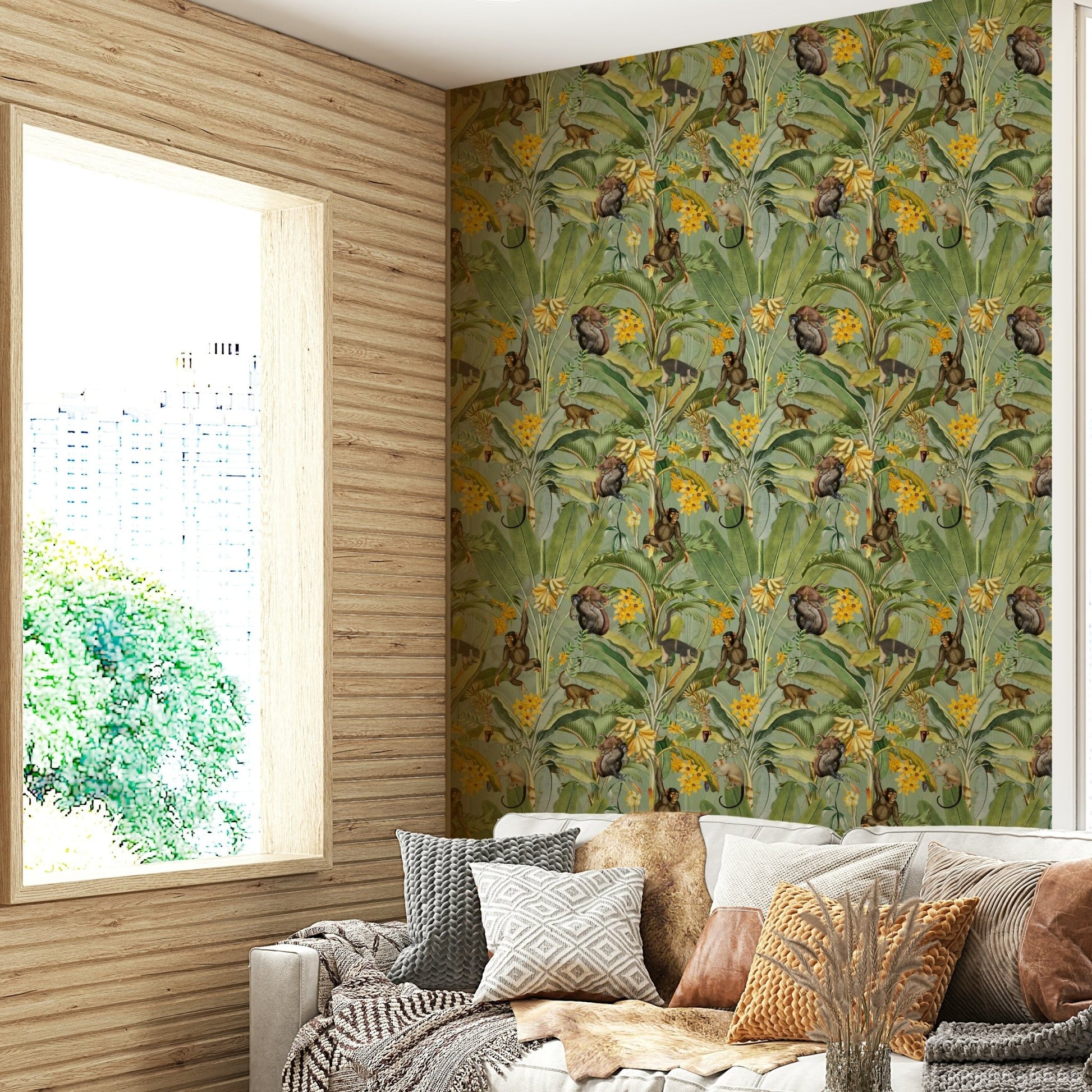 Vibrant jungle monkeys with tropical foliage mural.

