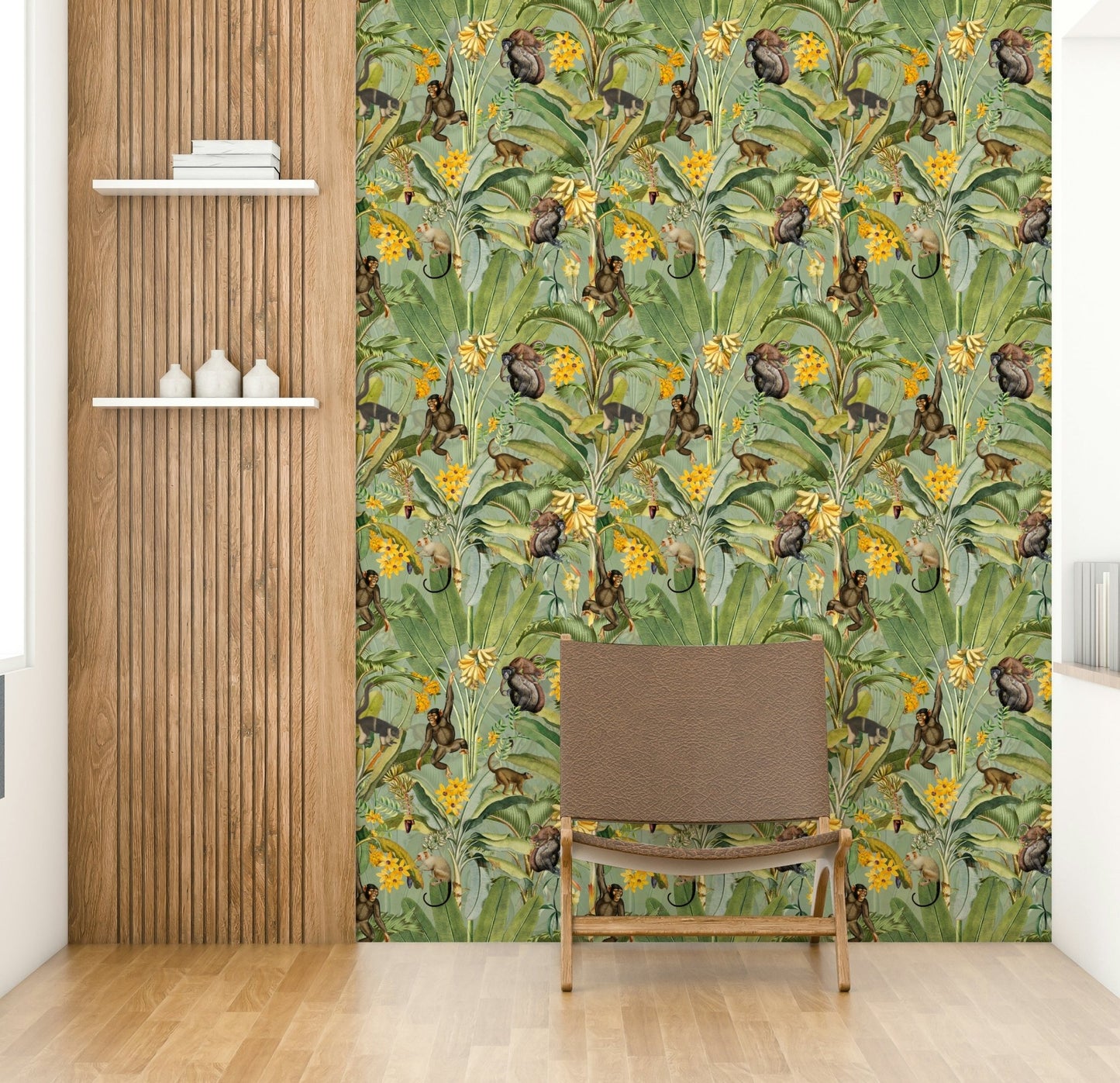 Cute monkeys swinging on trees in tropical wallpaper.

