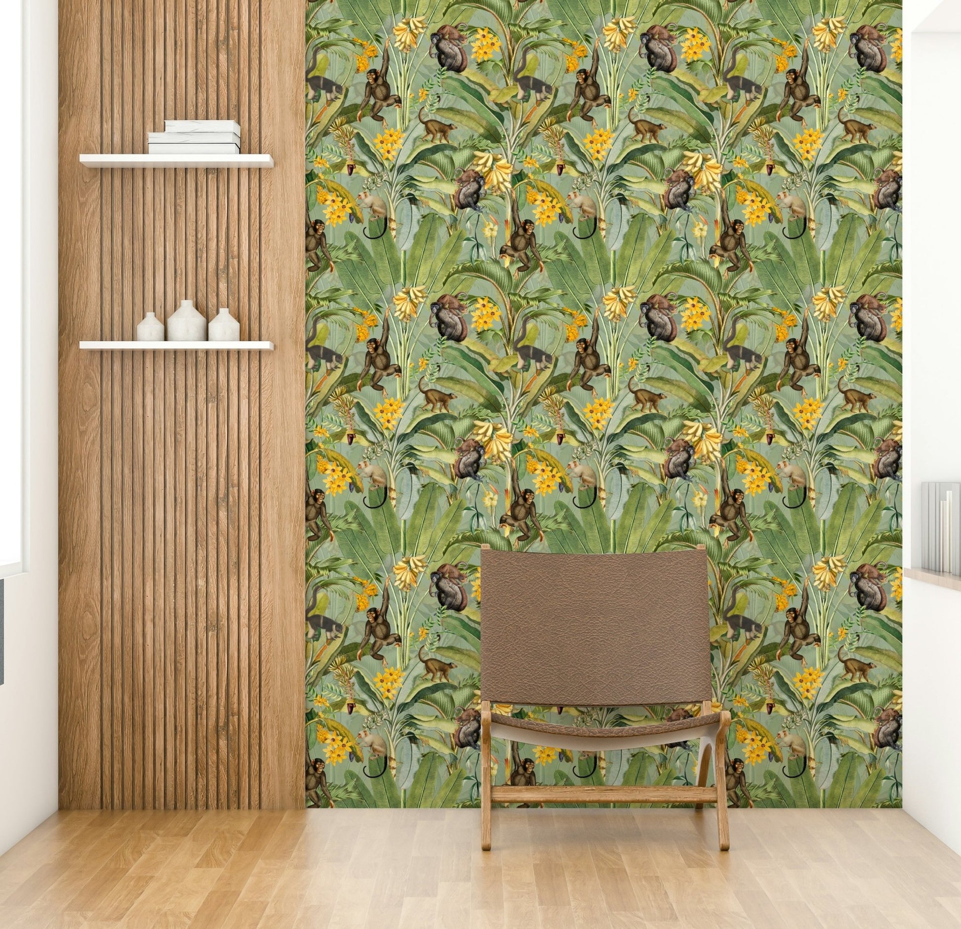 Cute monkeys swinging on trees in tropical wallpaper.

