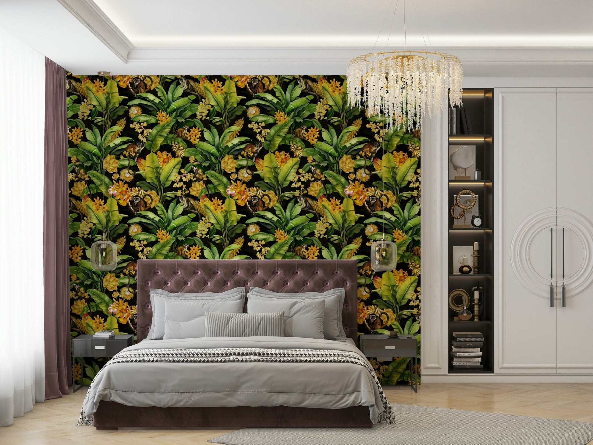 Colorful monkeys swinging in lush tropical wallpaper

