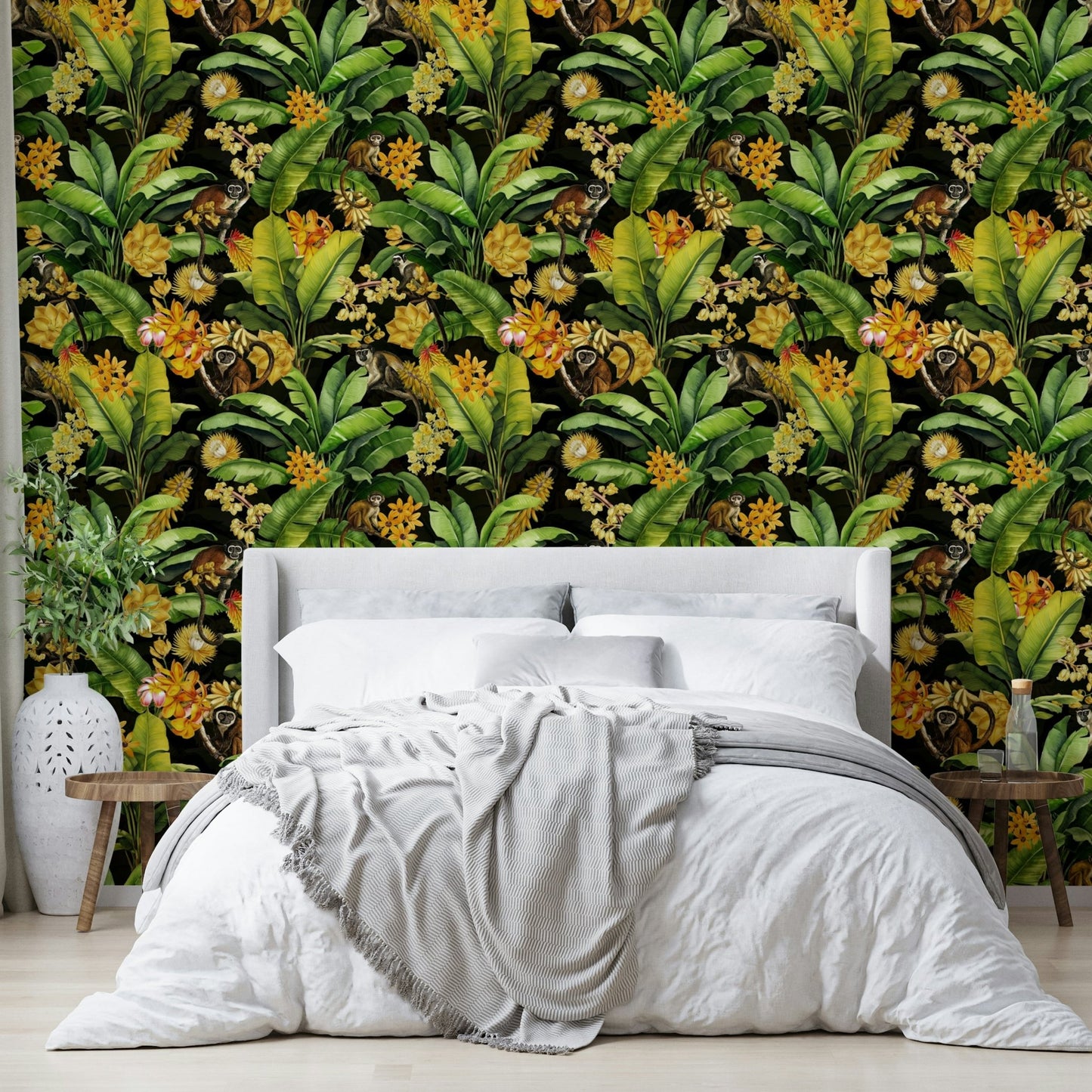 Jungle-themed tropical wallpaper with playful monkeys

