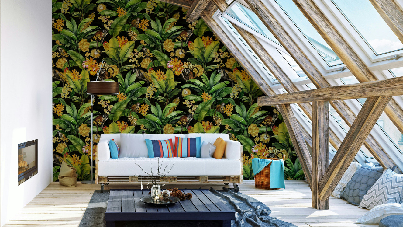 Tropical monkeys in vibrant jungle wallpaper design


