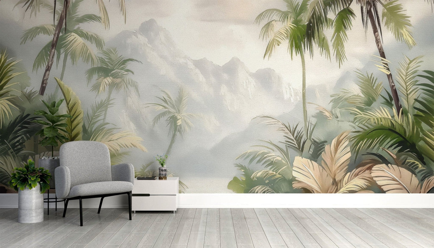 Misty mountain tropical wall design
