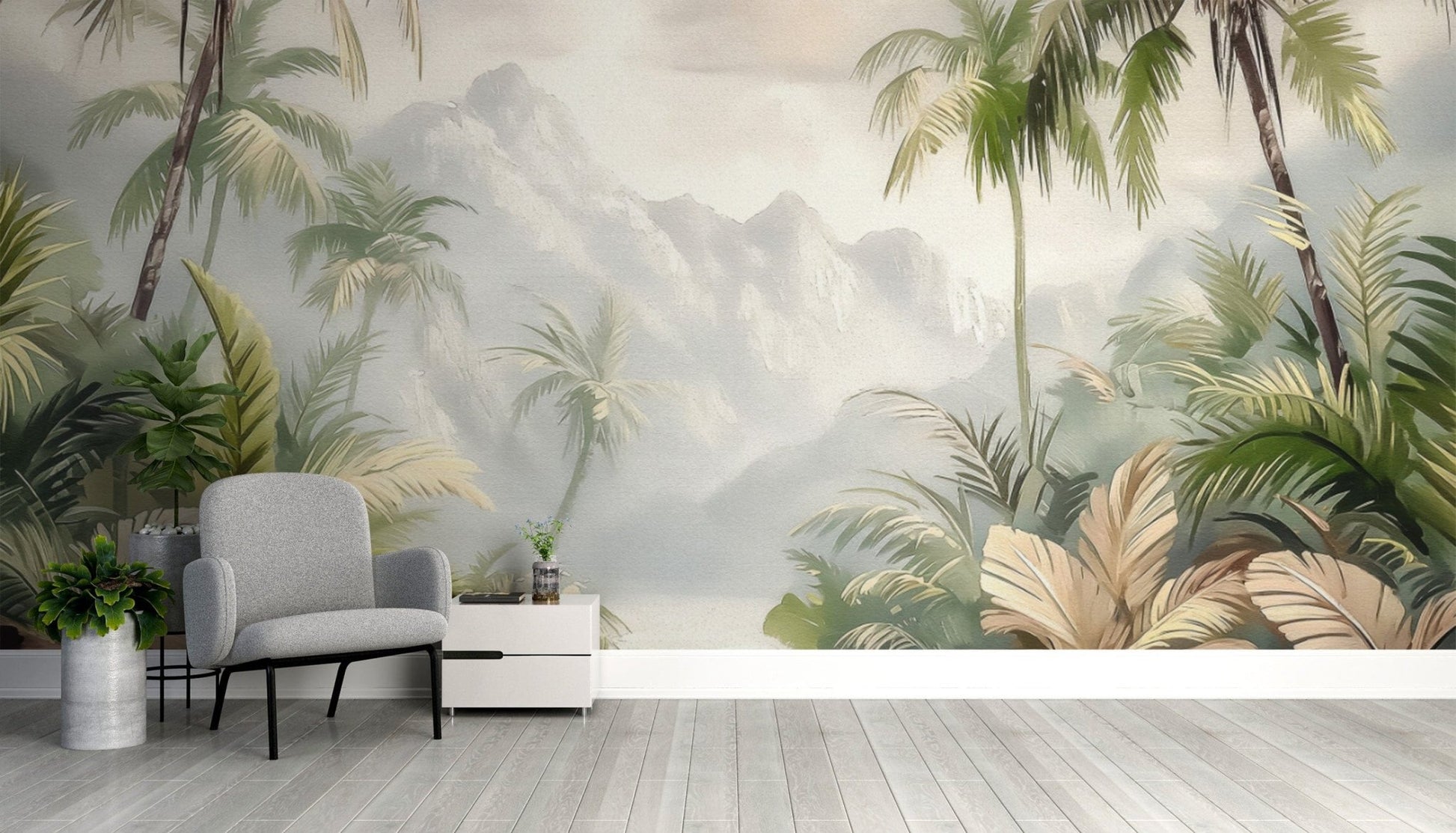 Misty mountain tropical wall design
