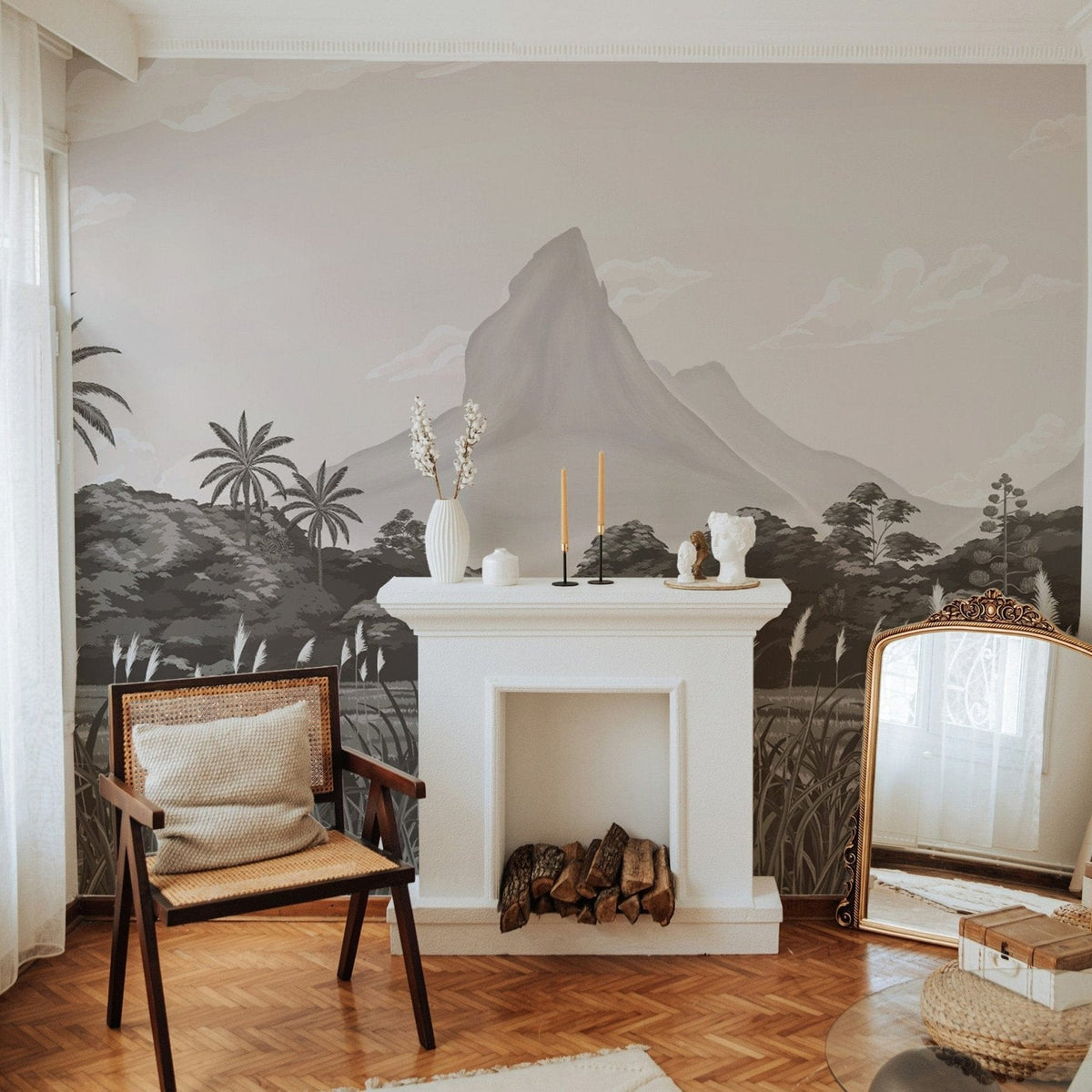 Serene mountain landscape mural in sepia
 A694