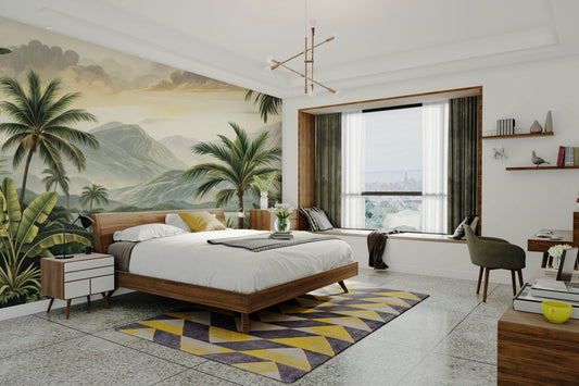 A wall mural of a tropical mountain landscape.

