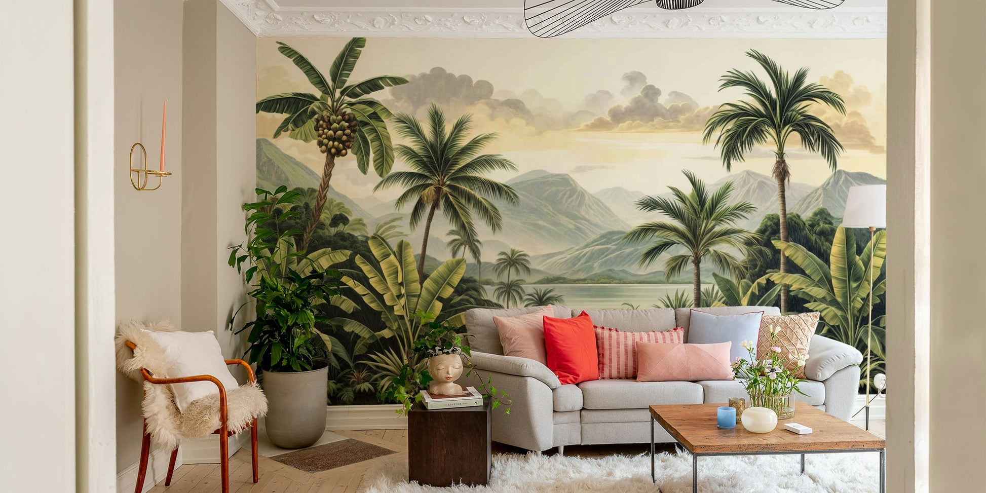 The image shows an artistic impression of a serene mountain scene in the tropics.

