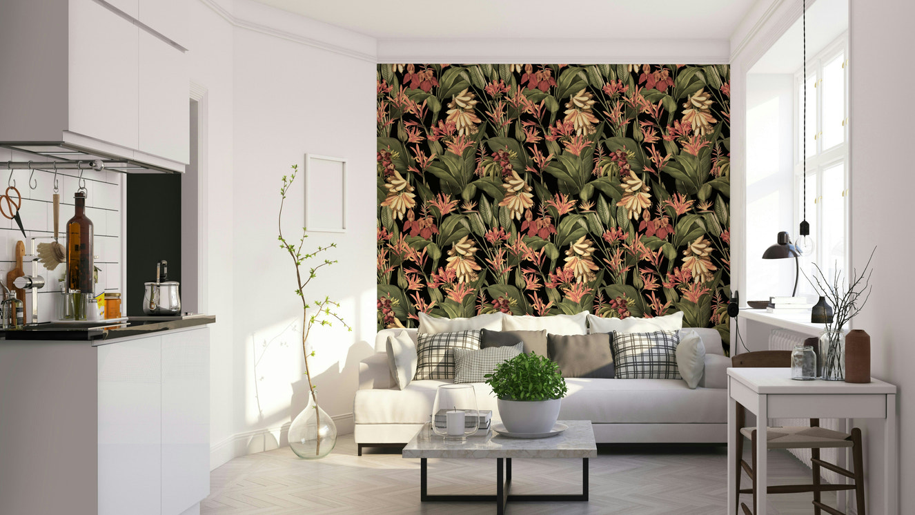 Vibrant Tropical Nights wallpaper with palm leaves design

