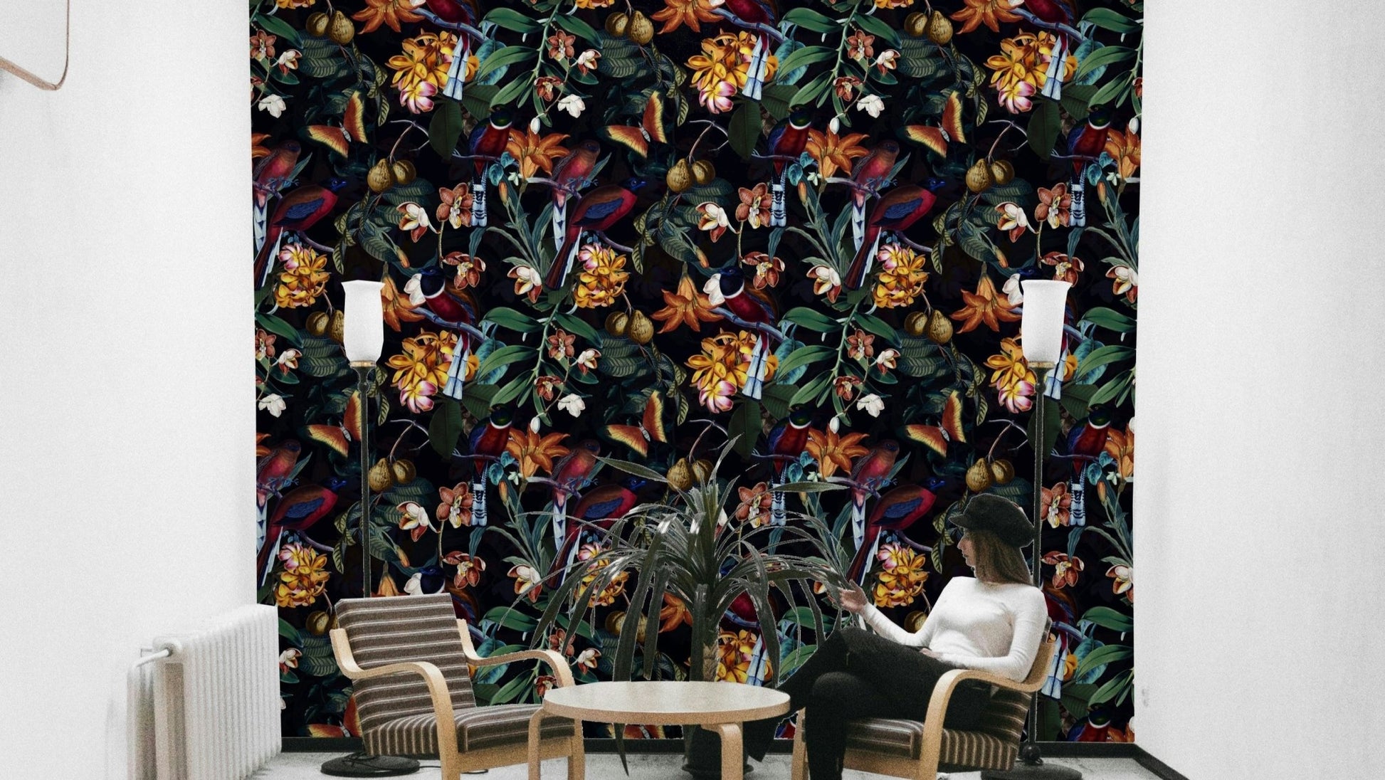 Dark tropical scene with palm trees and stars