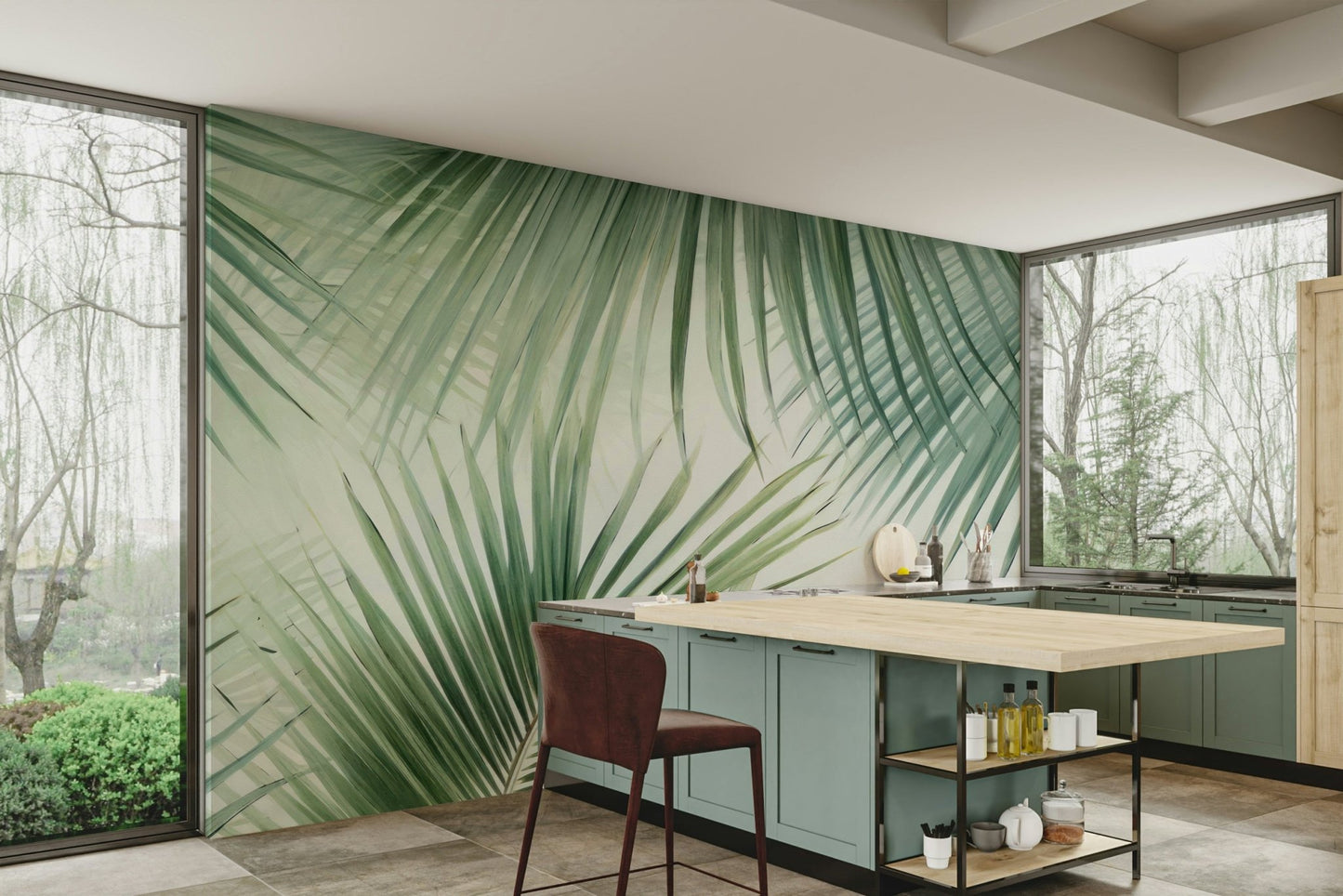 Bedroom decorated with tropical oasis wallpaper, GD1135