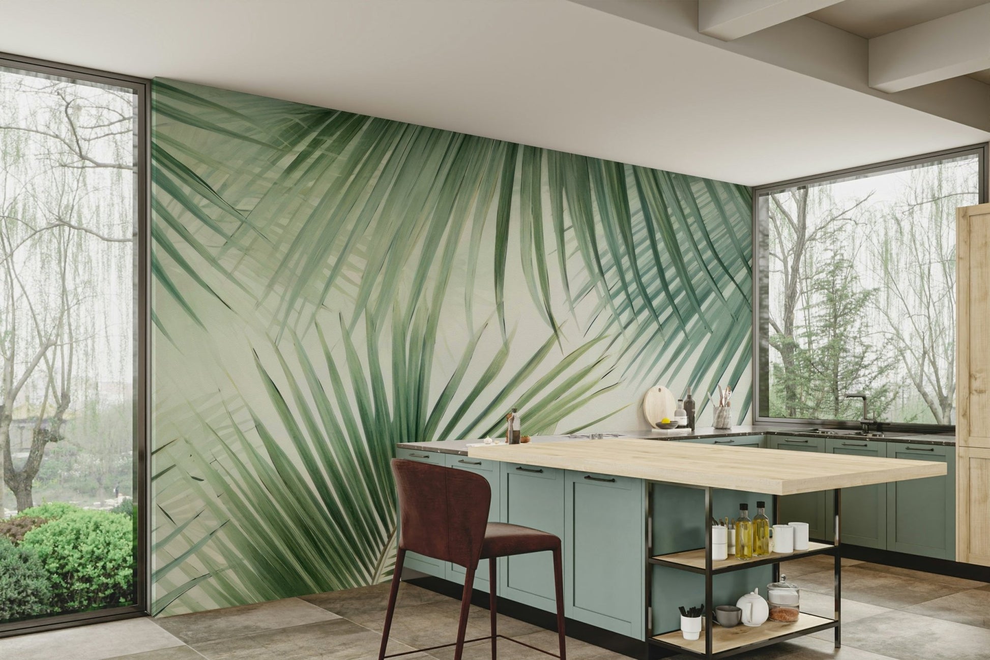 Bedroom decorated with tropical oasis wallpaper, GD1135