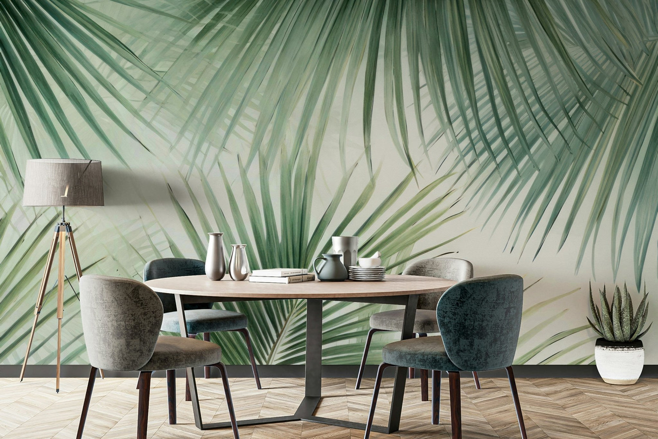 Tropical Oasis wall mural on living room wall

