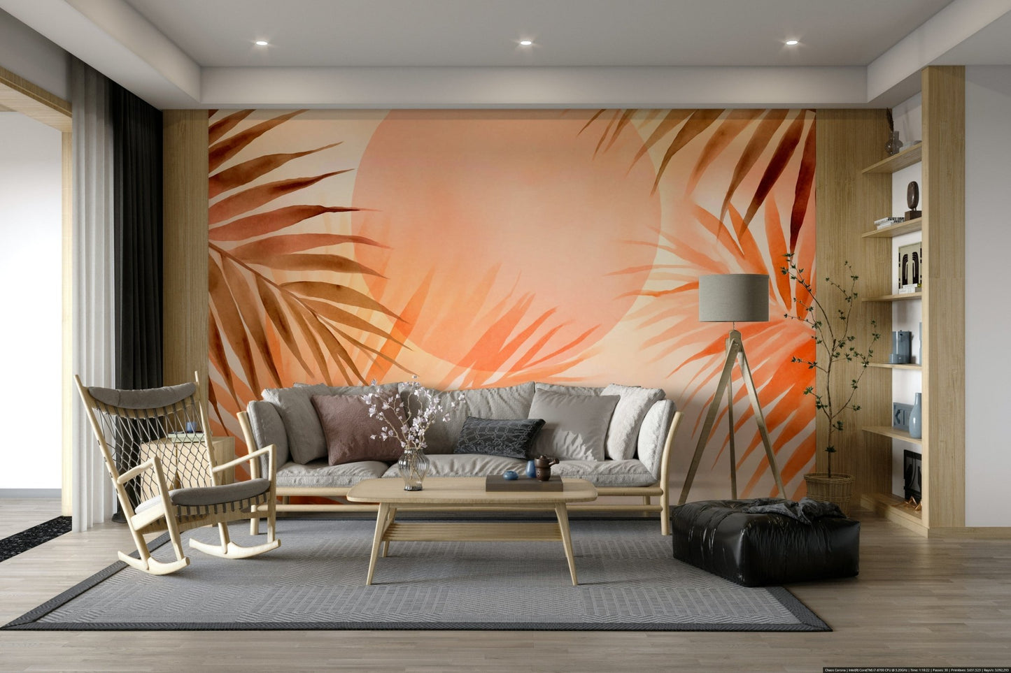 A bedroom decorated with a peaceful sunset mural

