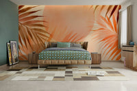 An angled shot of a wall with tropical palm wallpaper

