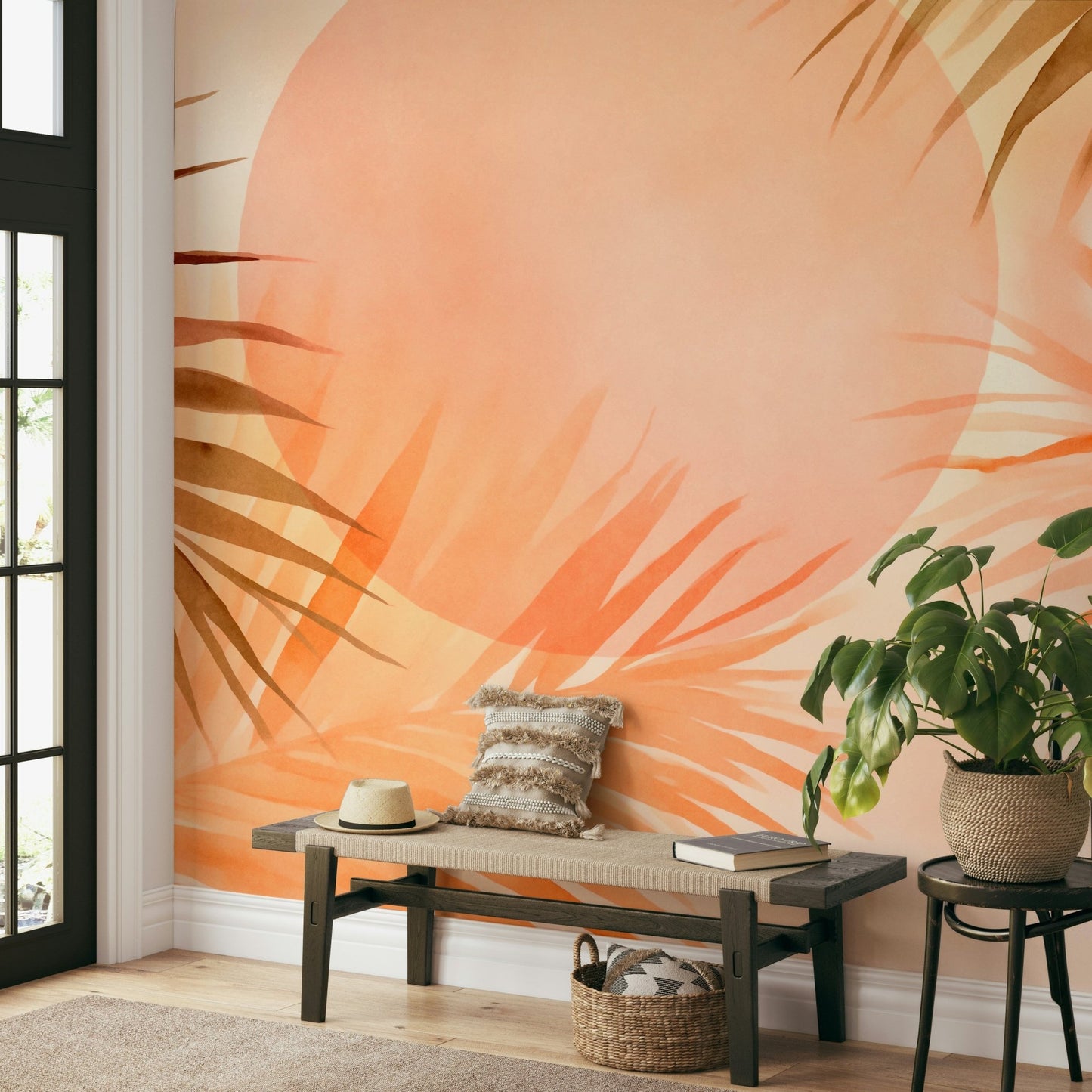 Wallpaper with a tropical-themed sunset design

