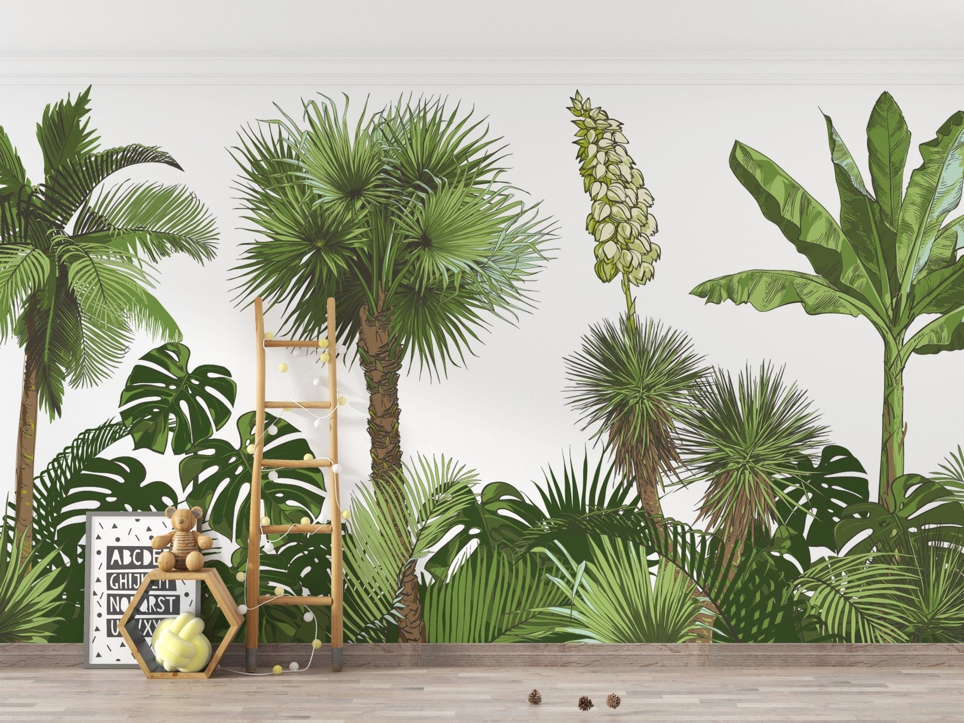 Green forest mural featuring palm trees
 A672