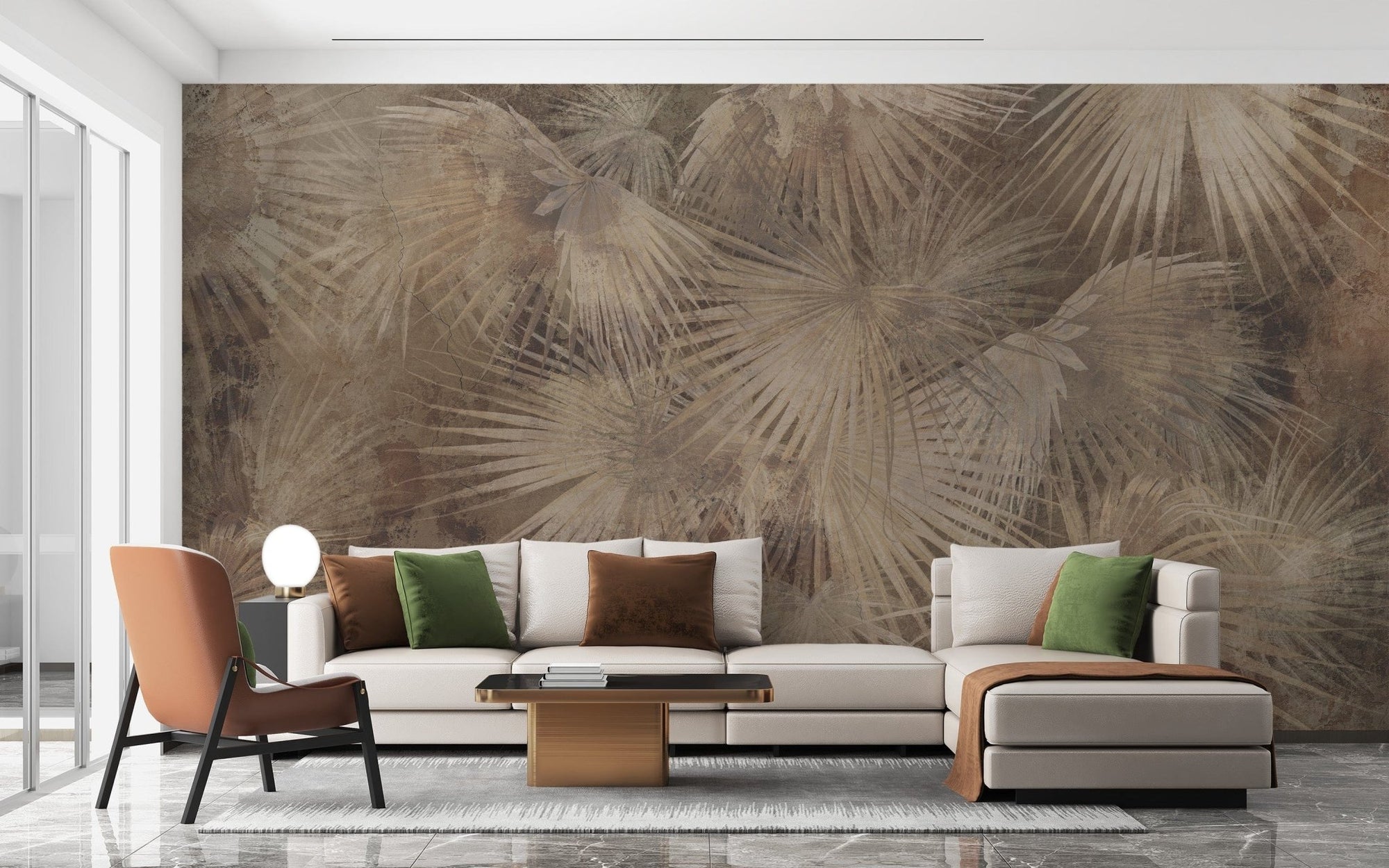 Exotic palm leaves mural with earthy tones, B425