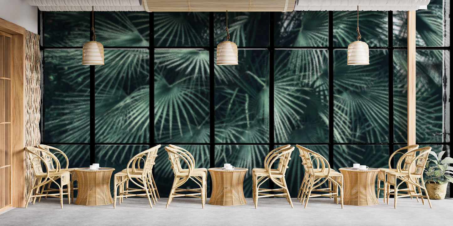 Green palm fronds window mural design
