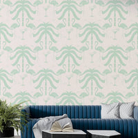 The image shows an artistic impression of a serene palm leaf and flamingo scene. GD3623

