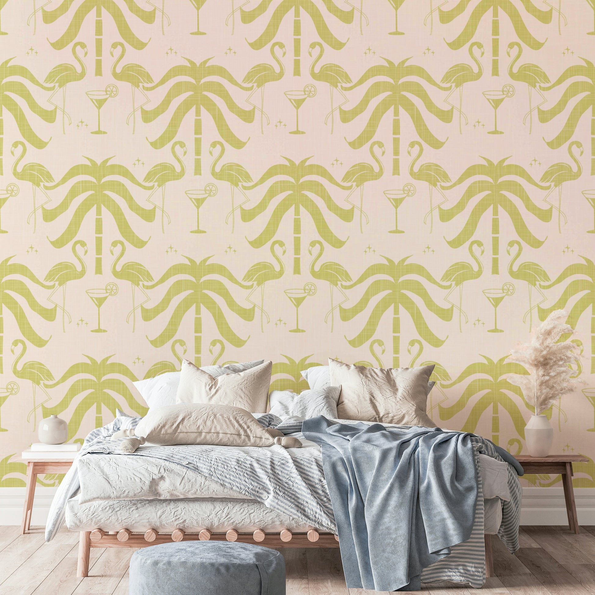 The palm leaves and flamingos are a central focus of the image.

