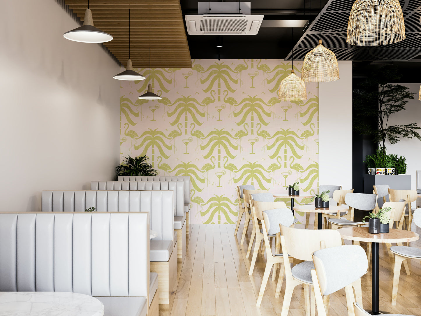 The image shows an artistic impression of a serene palm leaf and flamingo scene.

