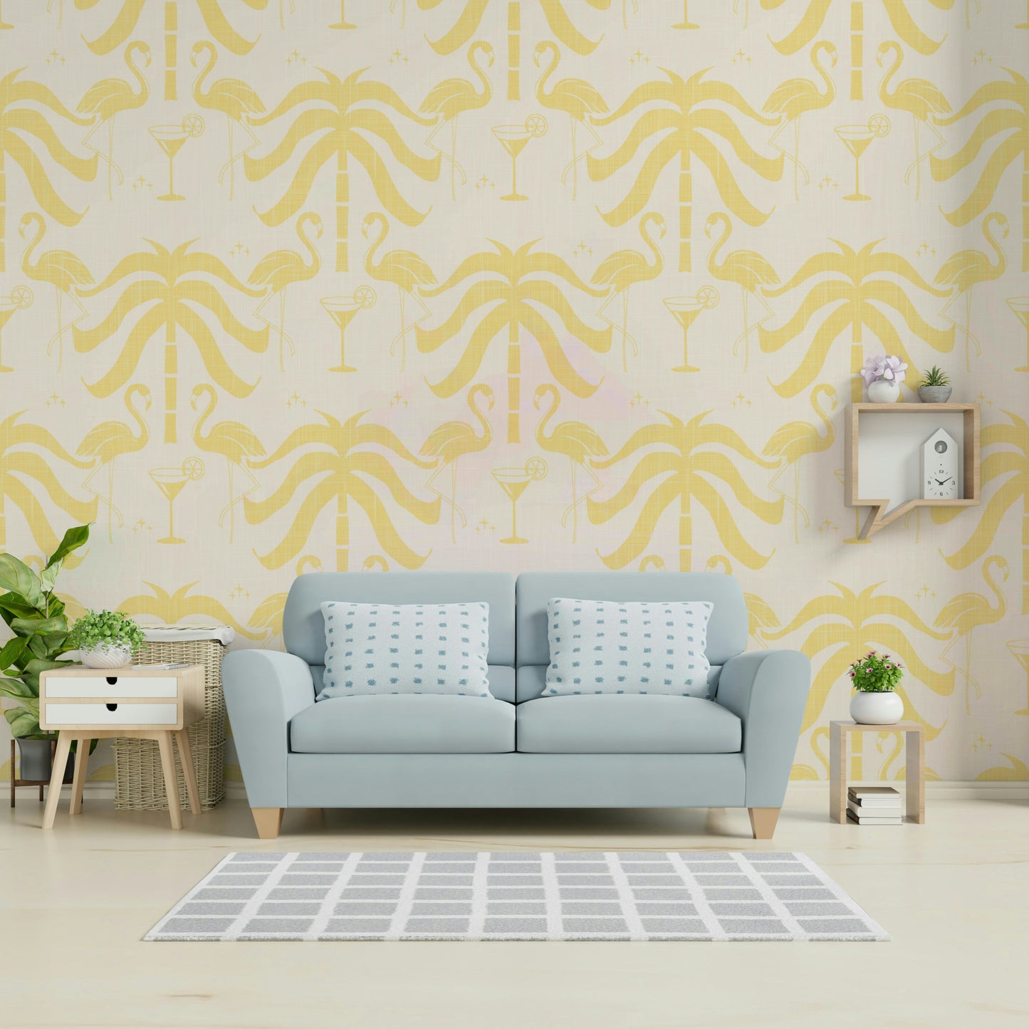 The colors are soft, muted tones of beige, butter yellow, and pink.

