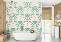 The colors are soft, muted tones of beige, teal, and pink.

