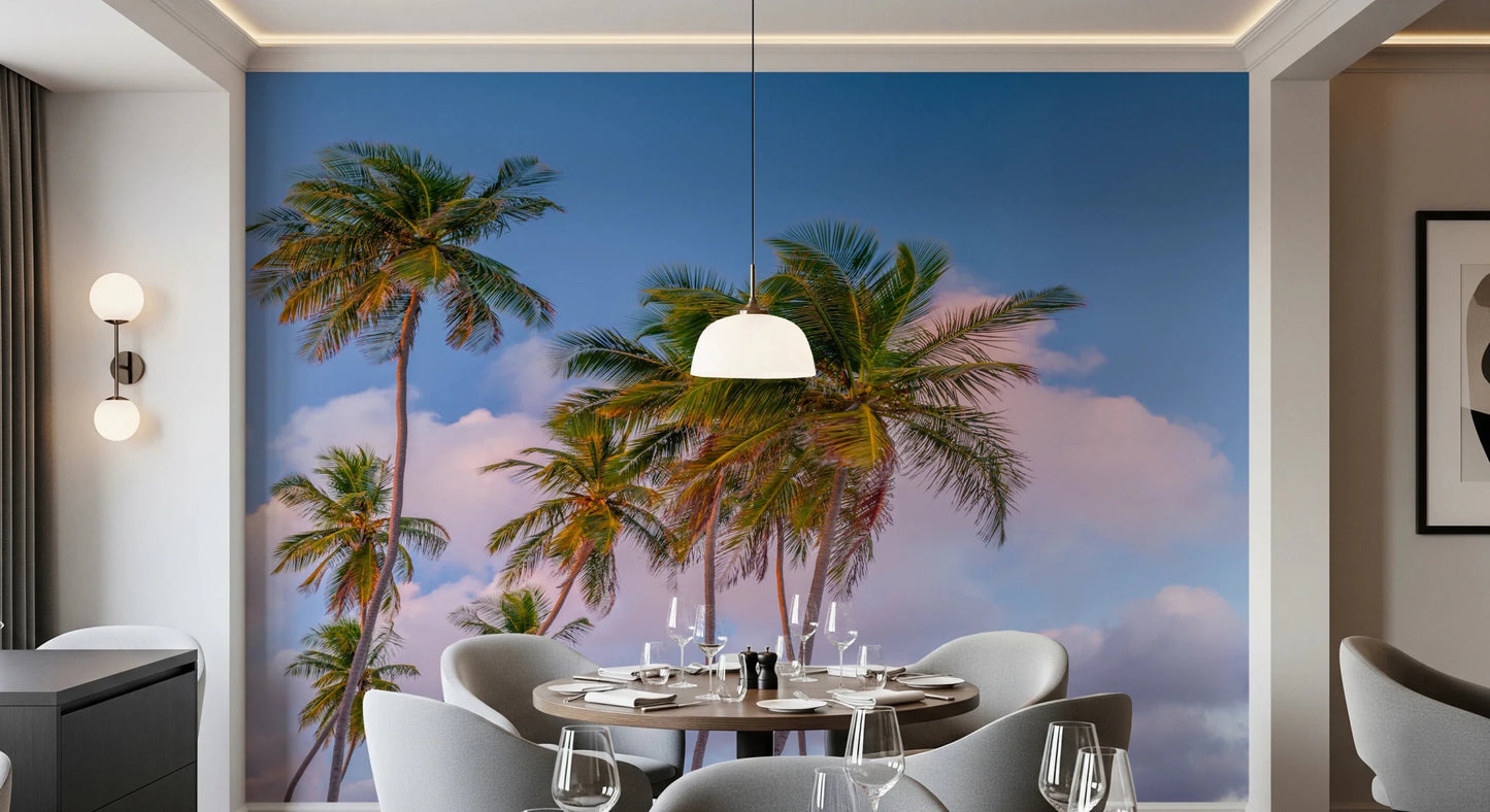 Modern Dining space with Tropical Palms Evening Wall Mural across a soft pastel backdrop