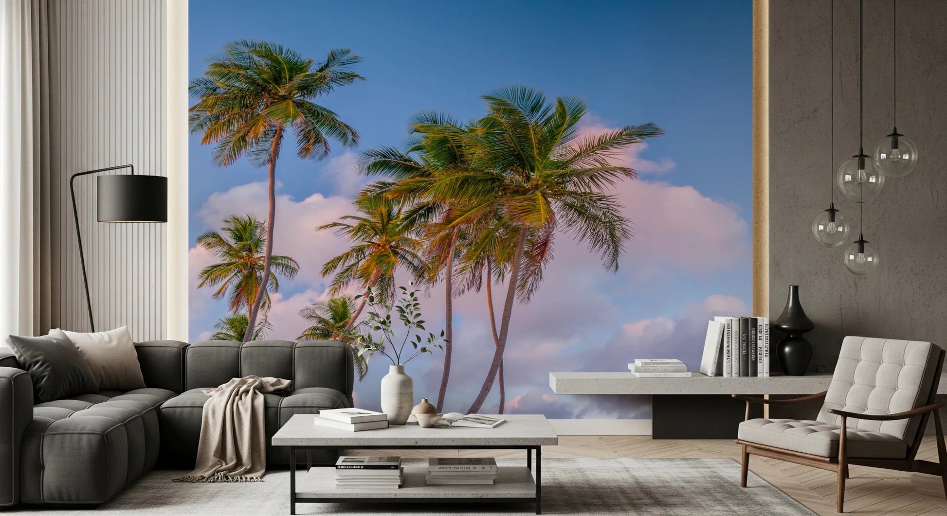 Contemporary living room with Tropical Palms Evening Wall Mural behind dark seating