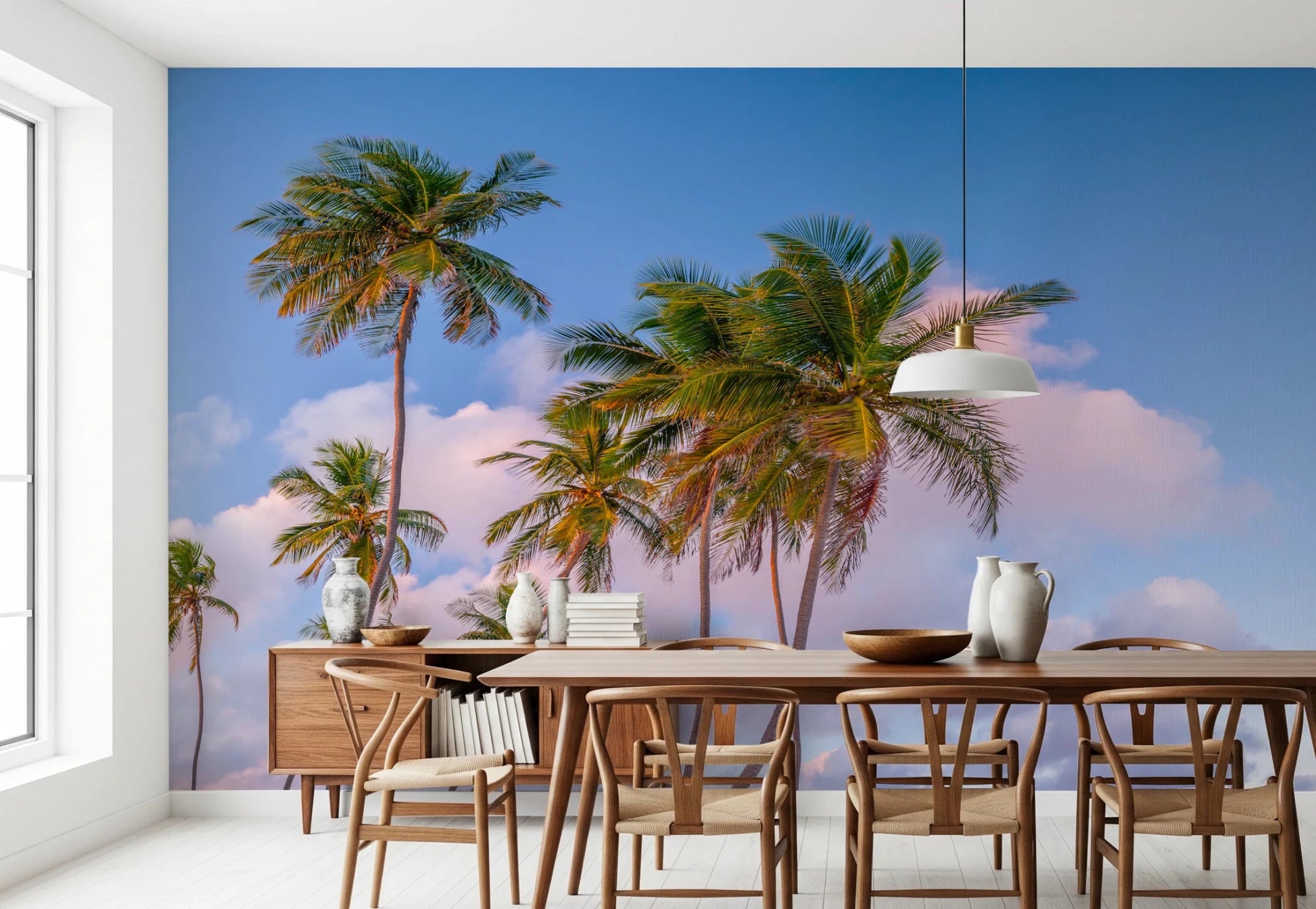 Dining area set with Tropical Palms Evening Wall Mural and a calm tropical sky scene