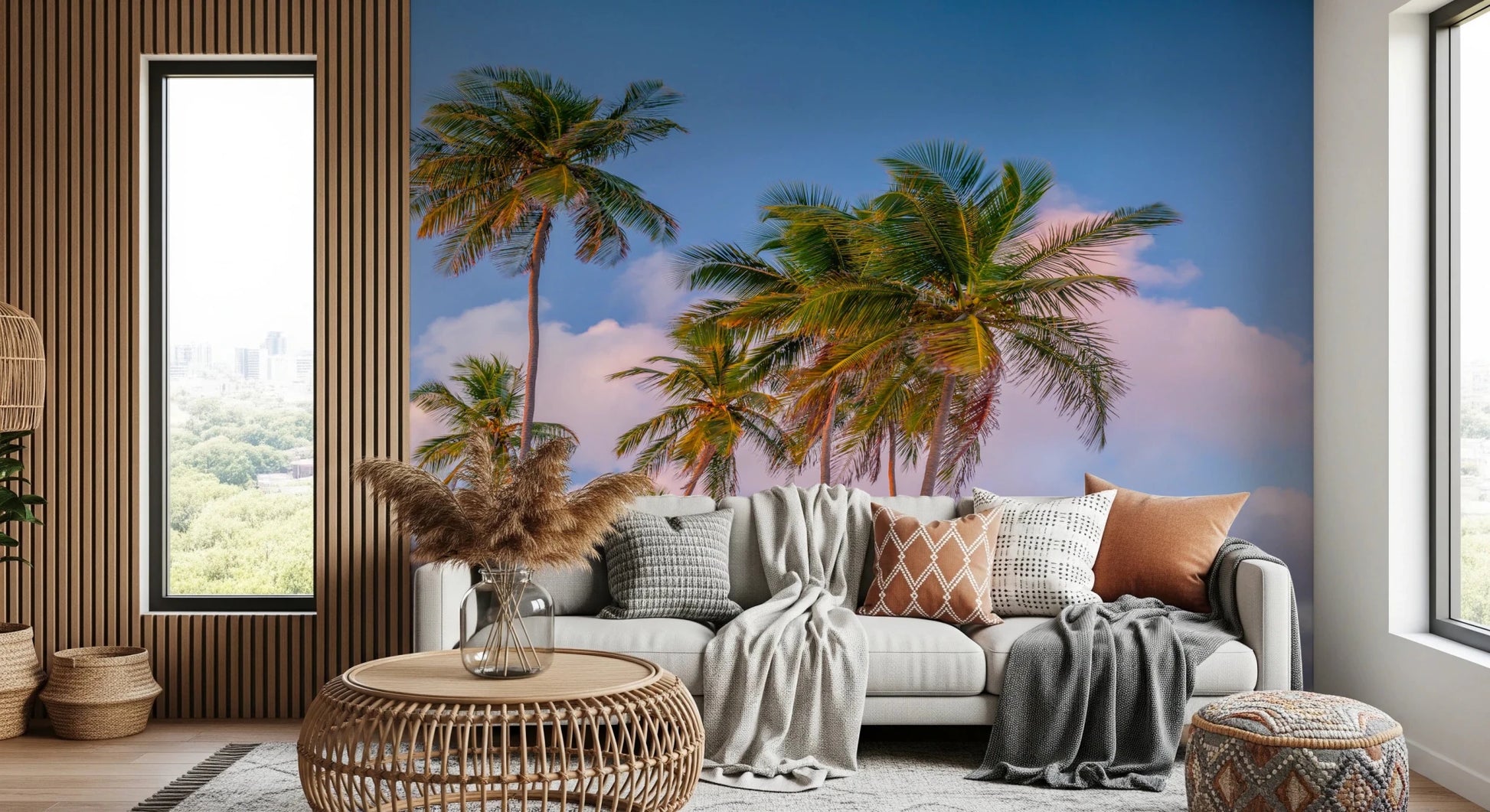 Warm lounge interior featuring Tropical Palms Evening Wall Mural above a low sofa