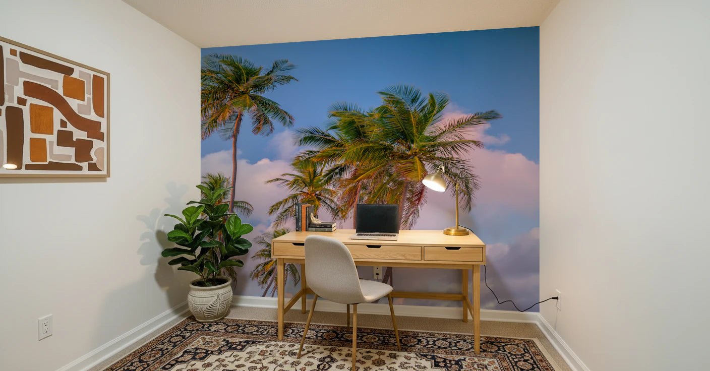 Small Study room with Tropical Palms Evening Wall Mural and woven chair details