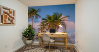 Small Study room with Tropical Palms Evening Wall Mural and woven chair details